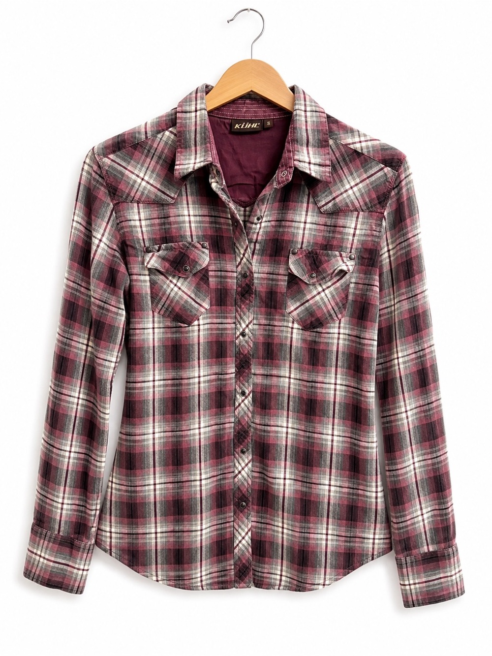 KÜHL Women’s Small Plaid Western Snap Shirt Burgundy Gray Outdoor